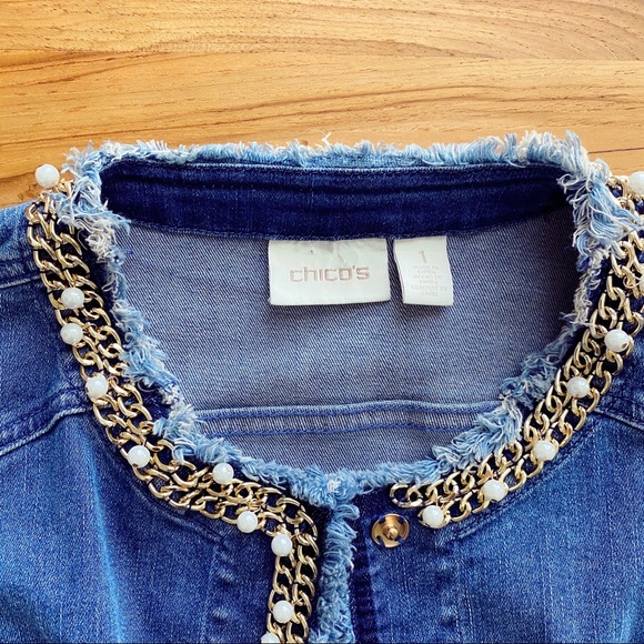 Chico’s Chain Pearl Raw Embellished Denim Jacket - Picture 3 of 9